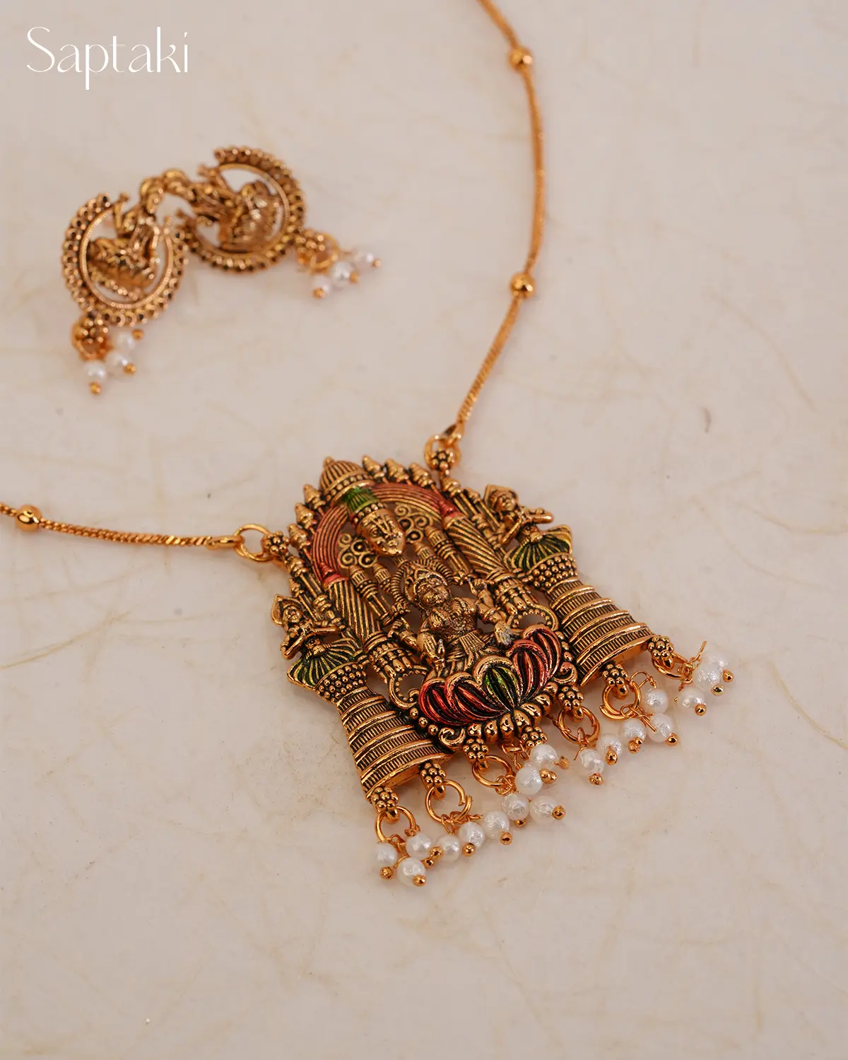 Lakshmi Sannidhi Temple Pendant Necklace Set with Earrings - Image 2