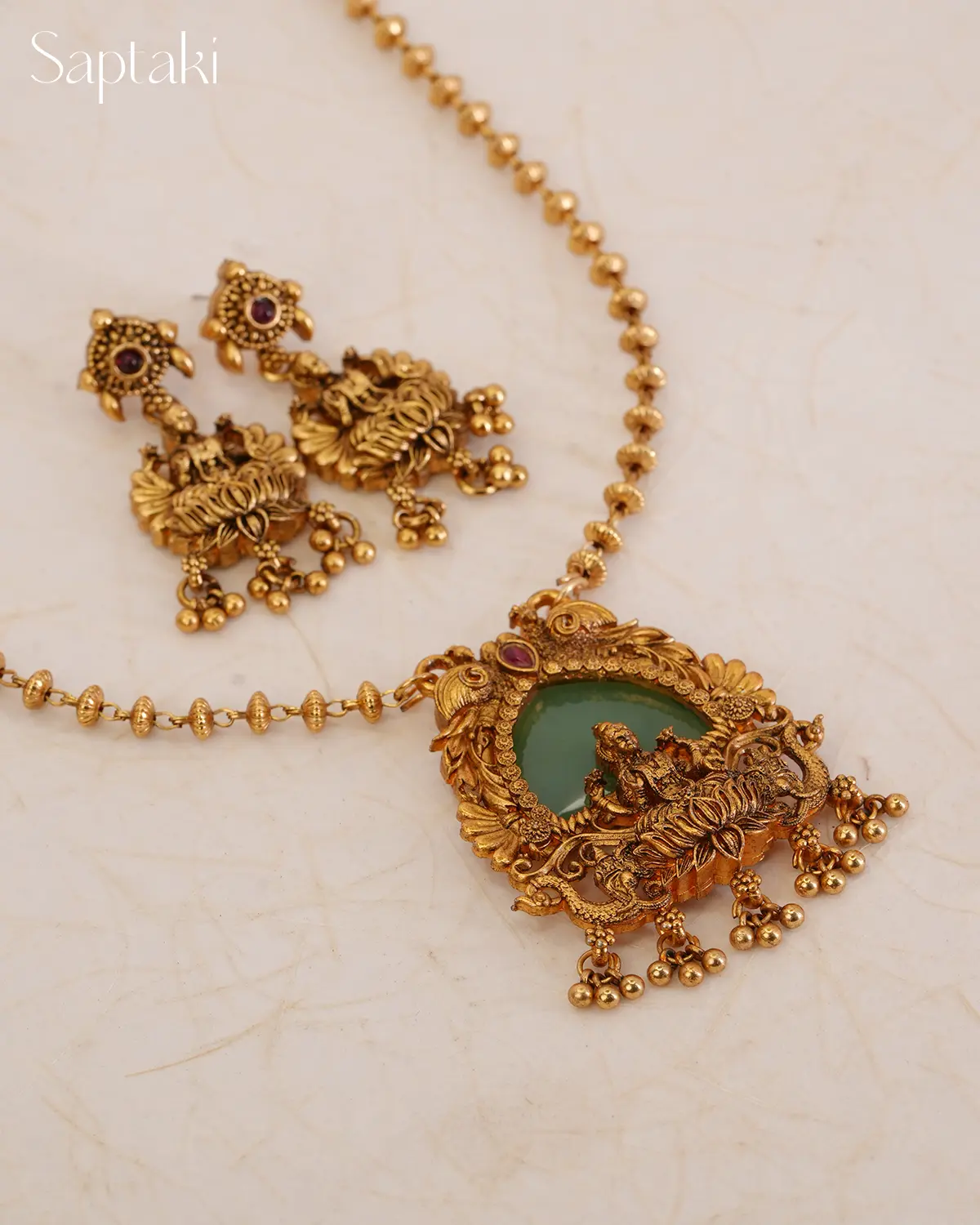 Lakshmi Kamala Temple Pendant Necklace Set with Earrings - Image 2