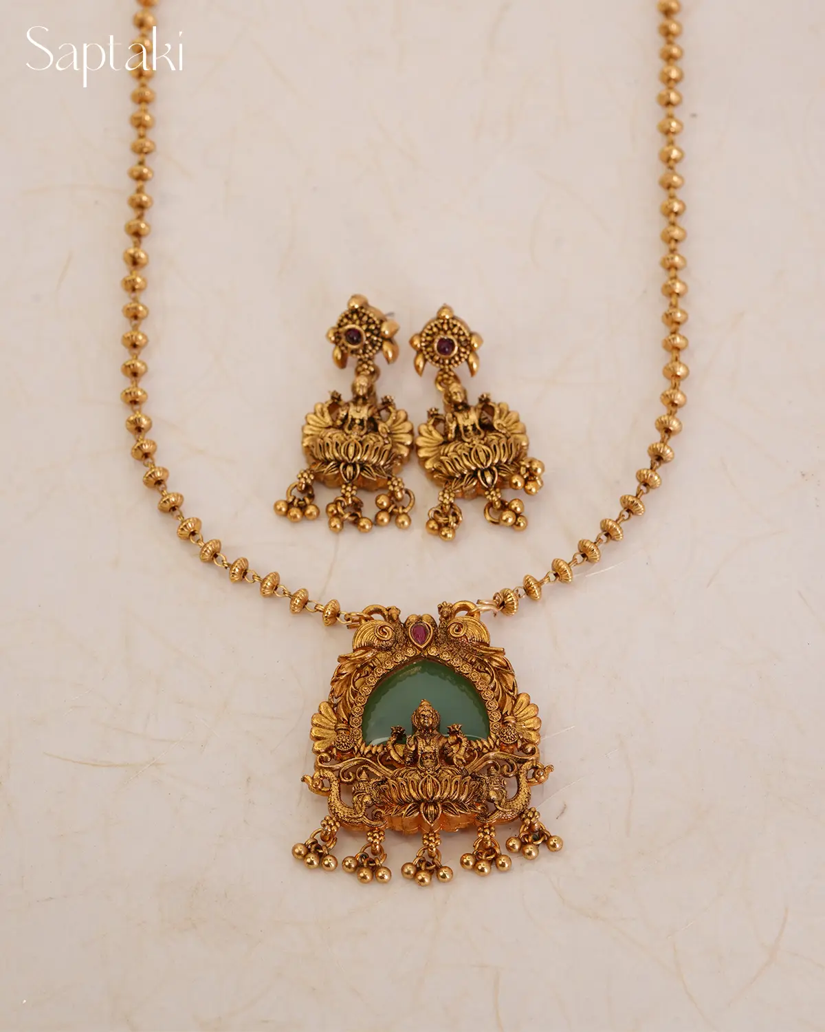 Lakshmi Kamala Temple Pendant Necklace Set with Earrings - Image 3