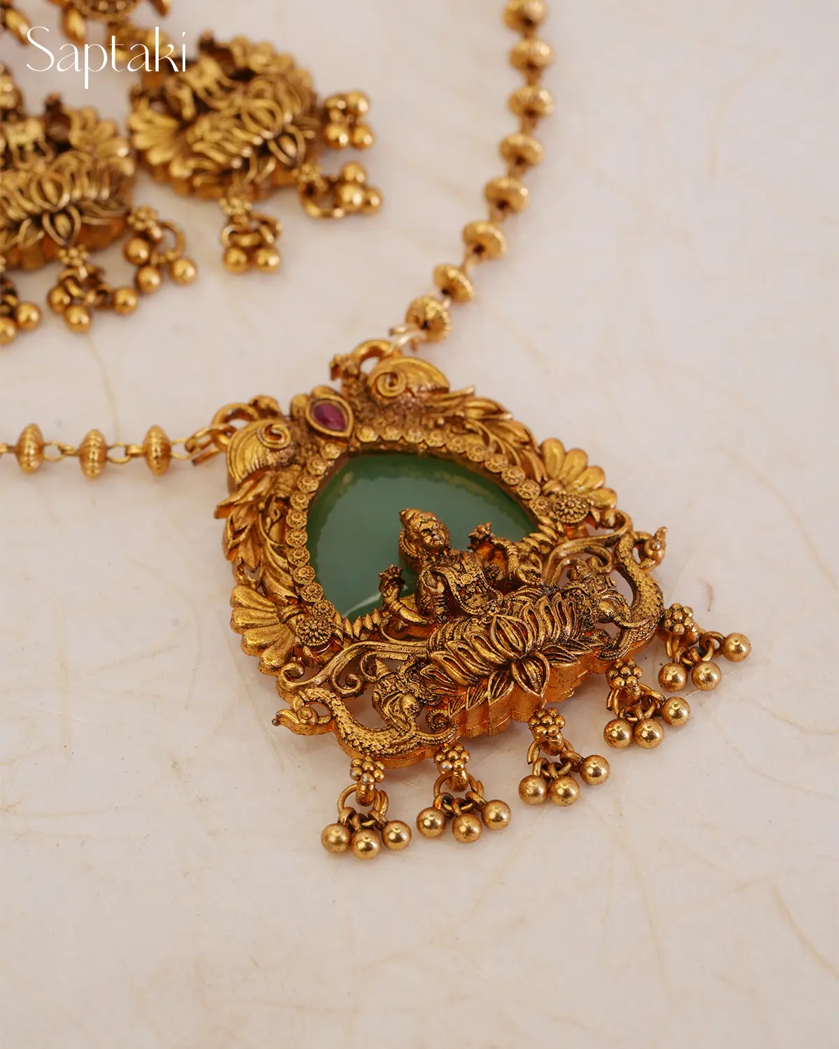 Lakshmi Kamala Temple Pendant Necklace Set with Earrings - Image 5
