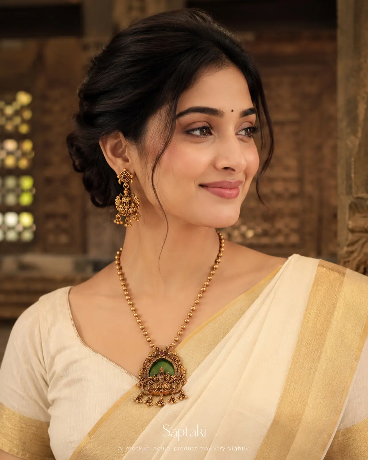 Lakshmi Kamala Temple Pendant Necklace Set with Earrings
