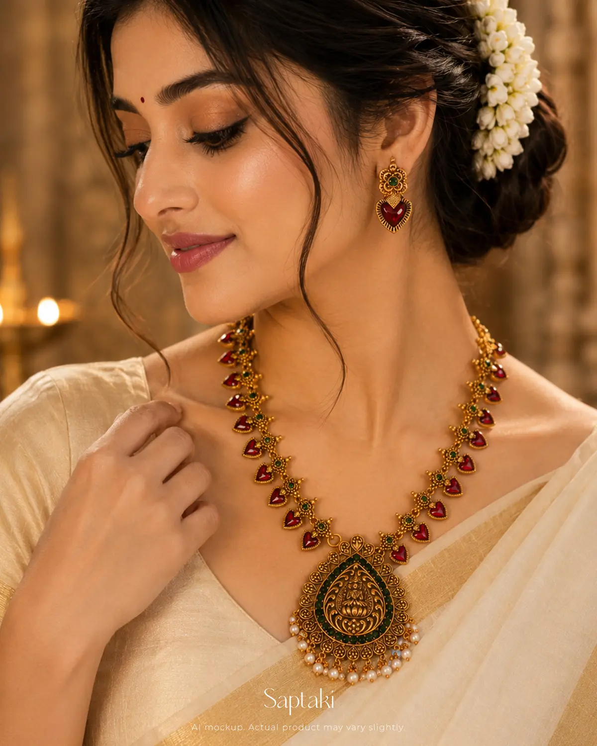 Lakshmi Padma Temple Necklace Set with Earrings