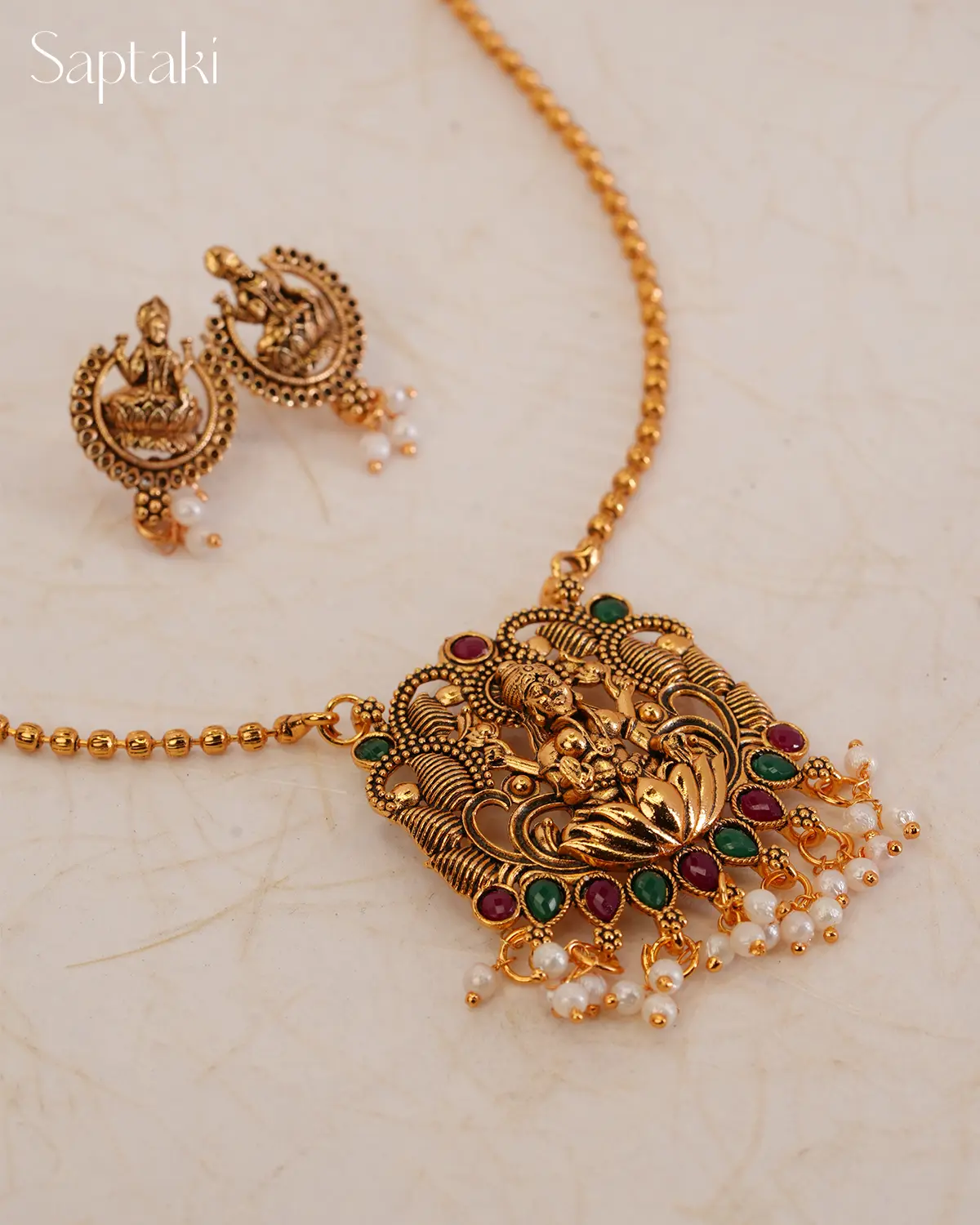 Lakshmi Anantha Temple Pendant Necklace Set with Earrings - Image 2