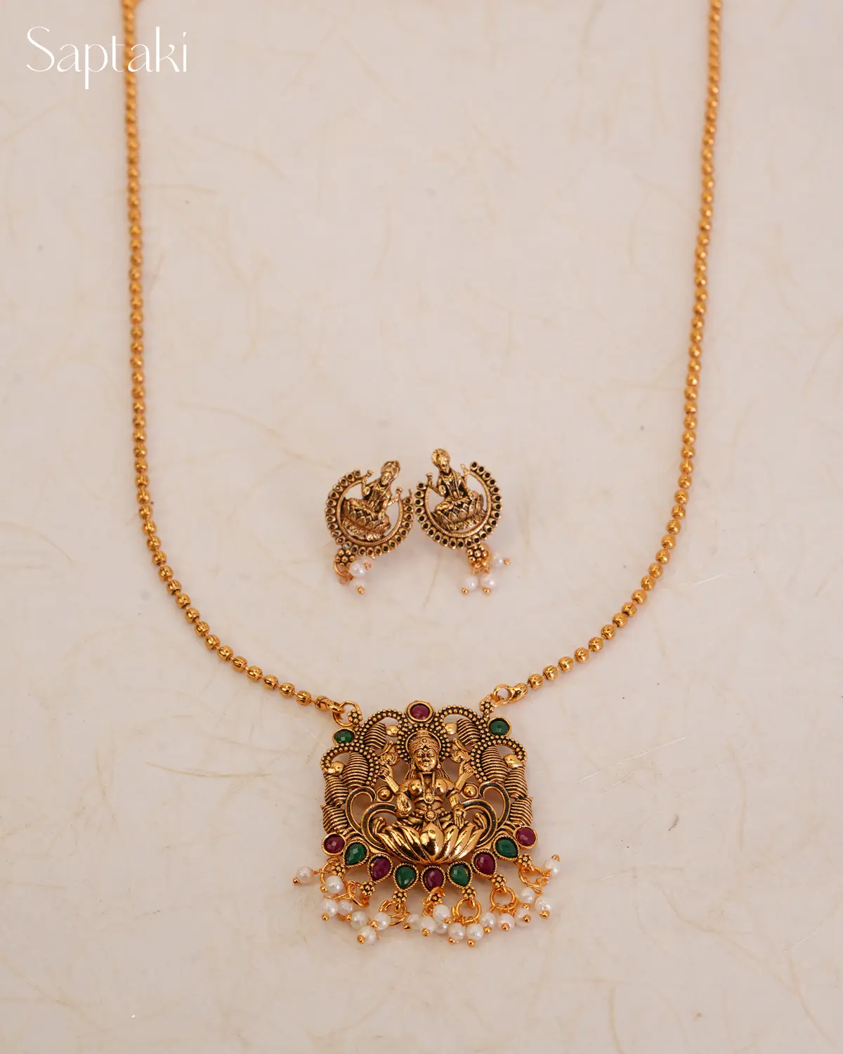 Lakshmi Anantha Temple Pendant Necklace Set with Earrings - Image 3