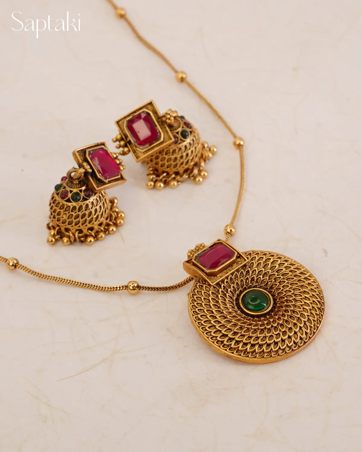 Navaratna Chakra Pendant Necklace Set with Earrings - Image 2