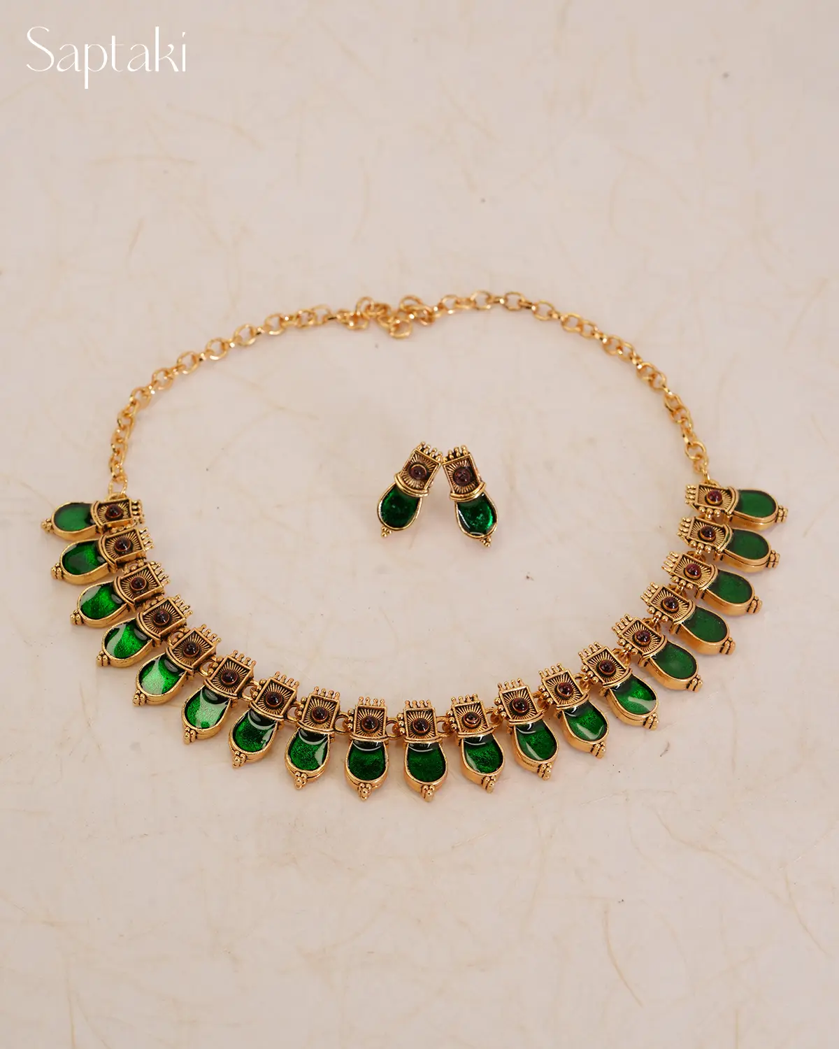 Emerald Enamel Heritage Necklace Set with Earrings - Image 3
