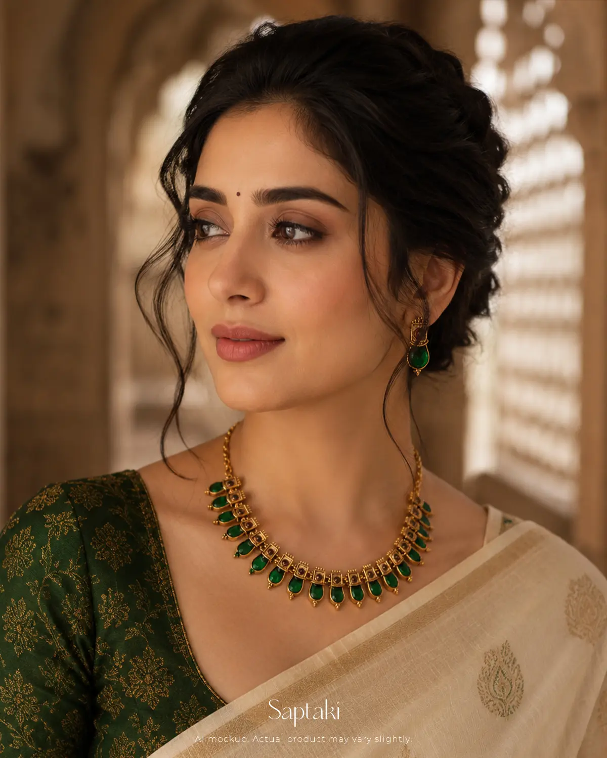 Emerald Enamel Heritage Necklace Set with Earrings