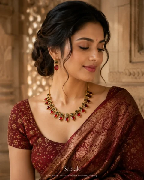 Ruby Enamel Heritage Necklace Set with Earrings