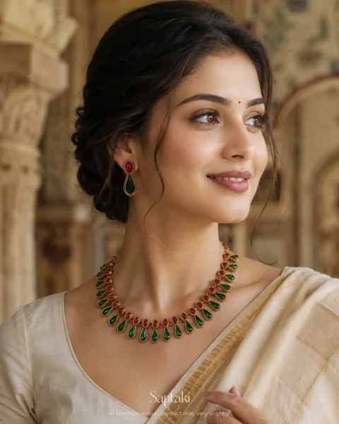 Emerald Teardrop Enamel Necklace Set with Earrings