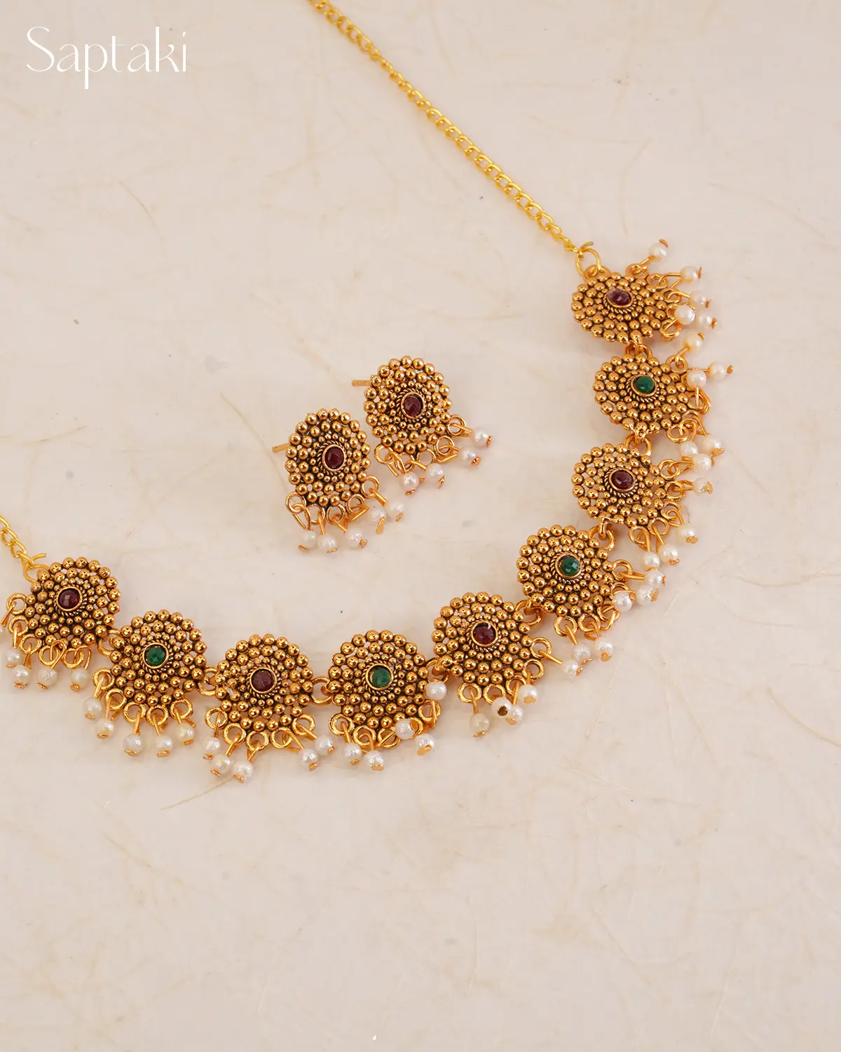 Antique Floral Temple Necklace Set with Pearls - Image 2