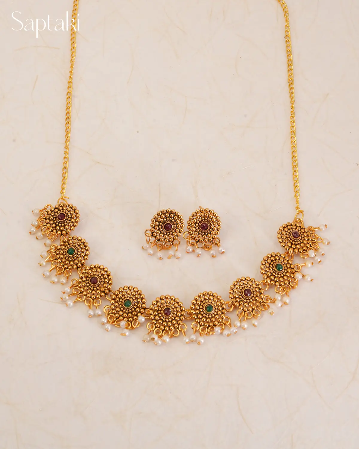 Antique Floral Temple Necklace Set with Pearls - Image 3