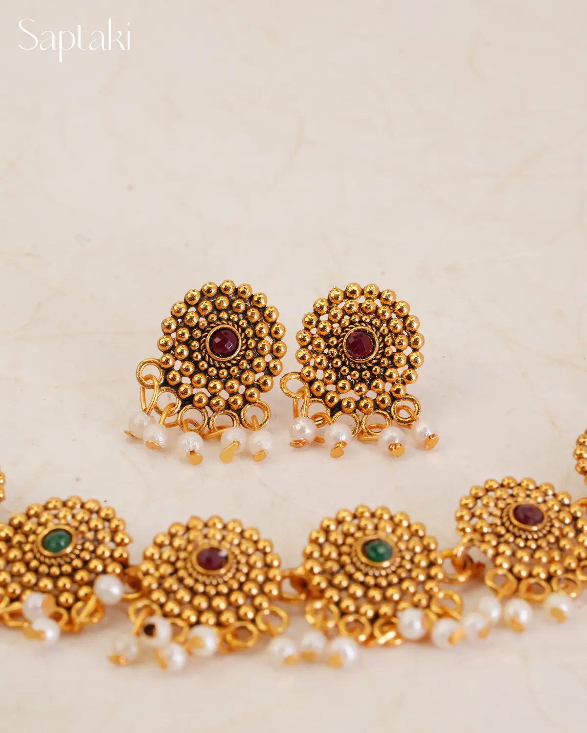 Antique Floral Temple Necklace Set with Pearls - Image 4