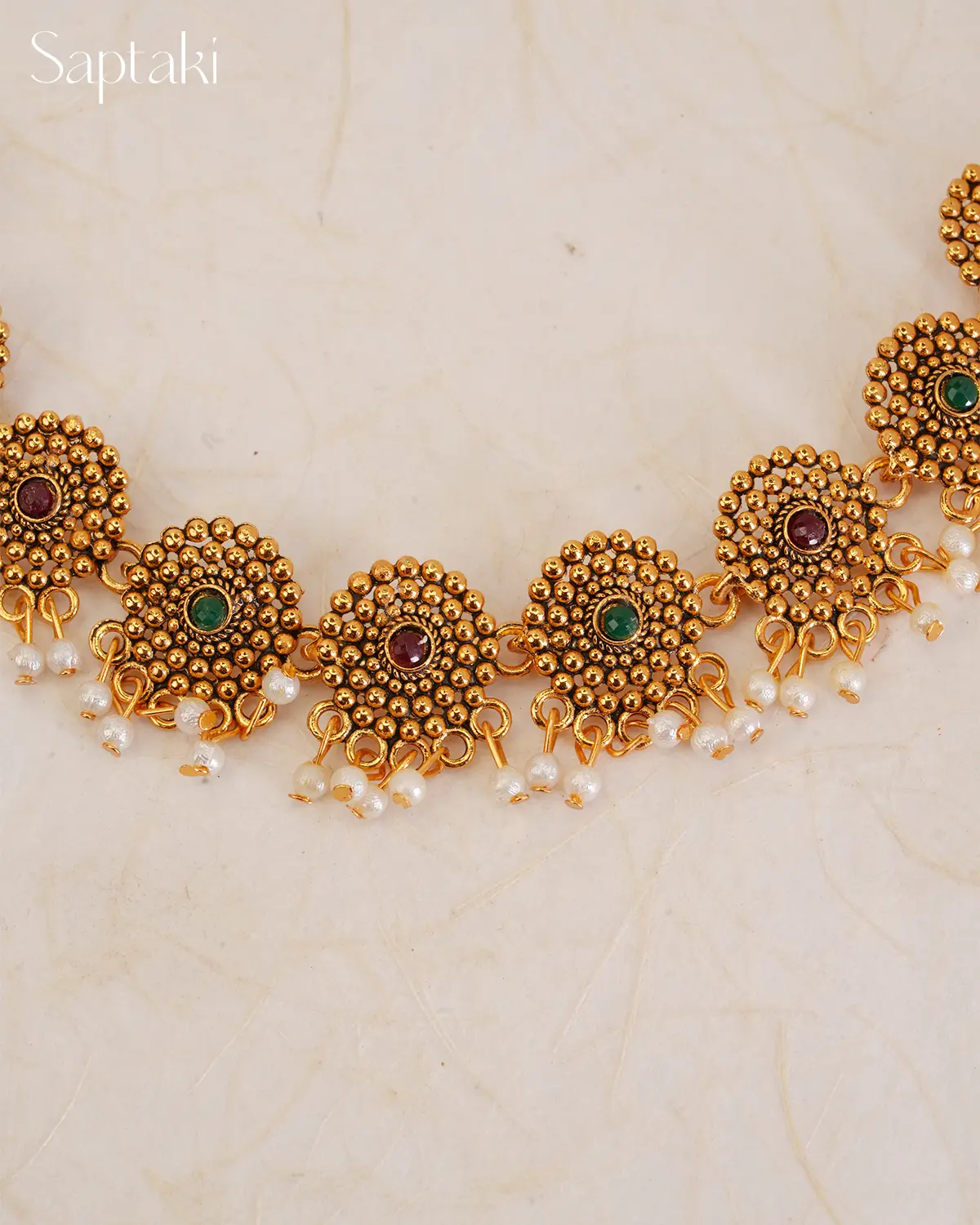 Antique Floral Temple Necklace Set with Pearls - Image 5