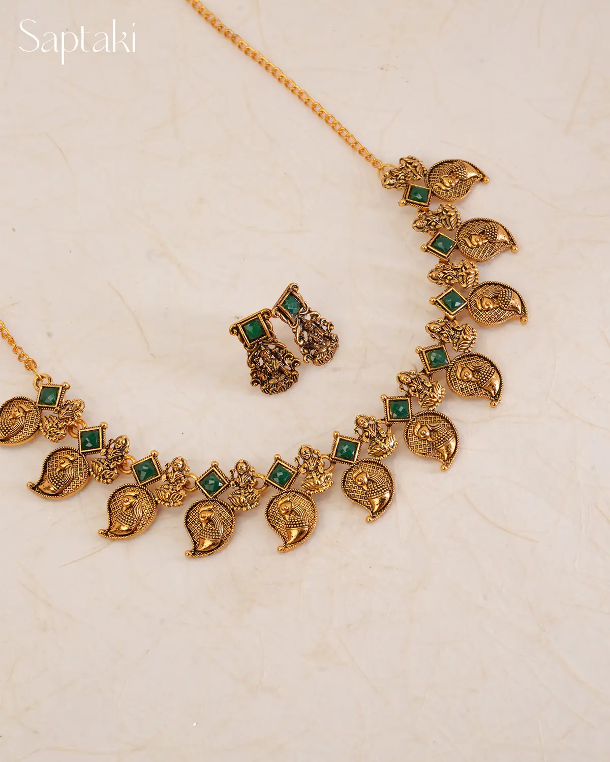Lakshmi Peacock Temple Necklace Set with Green Stones - Image 2