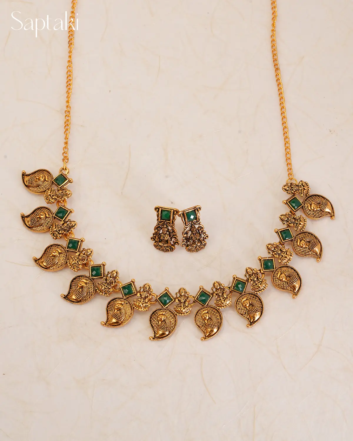 Lakshmi Peacock Temple Necklace Set with Green Stones - Image 3