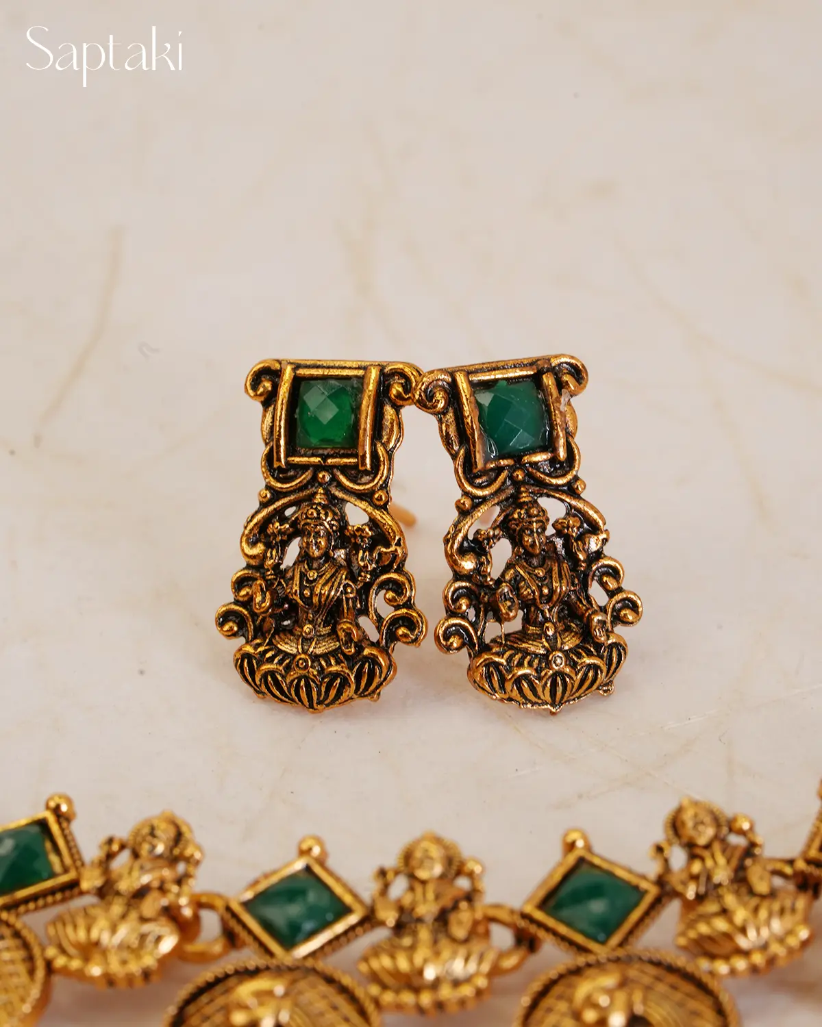 Lakshmi Peacock Temple Necklace Set with Green Stones - Image 4