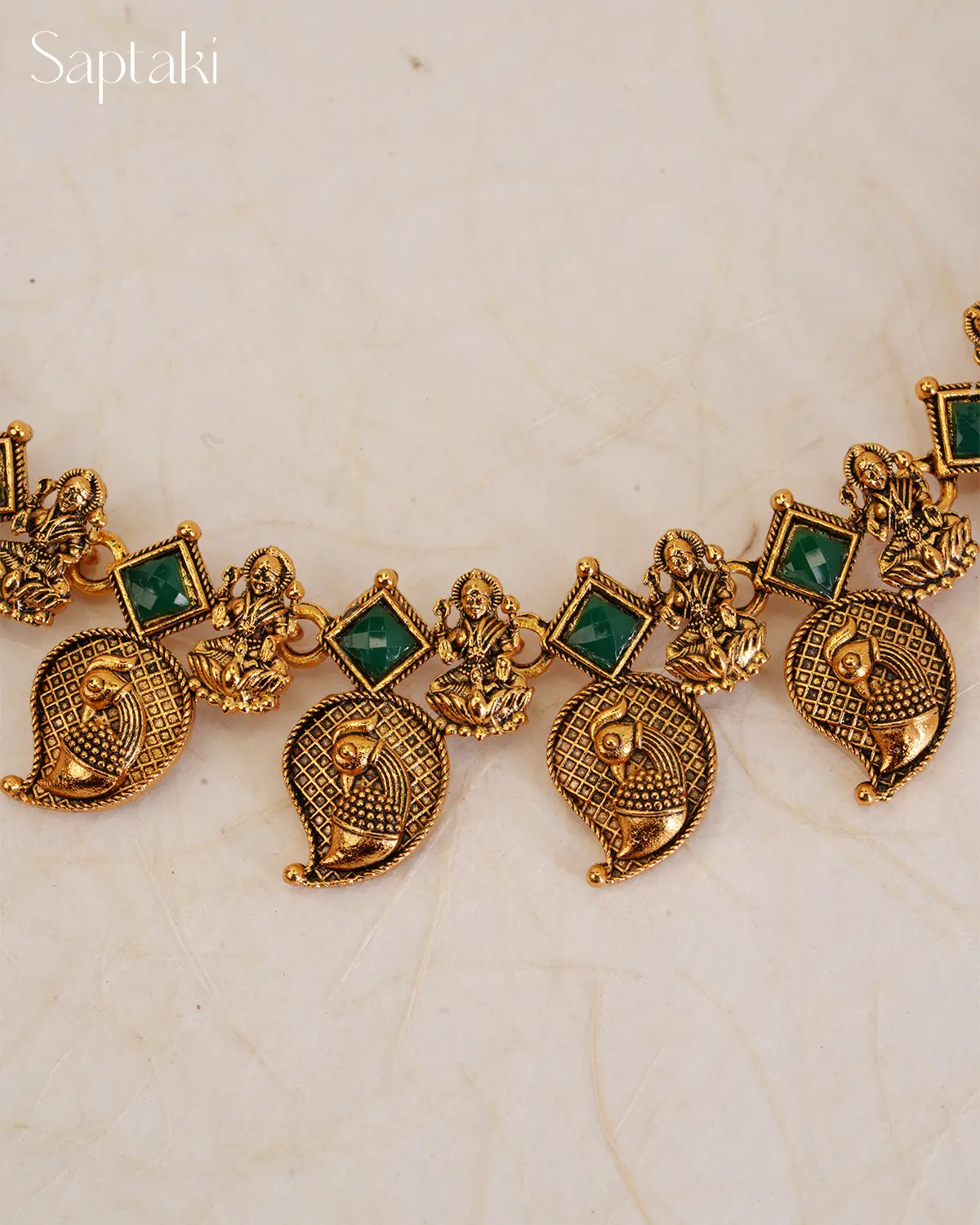 Lakshmi Peacock Temple Necklace Set with Green Stones - Image 5