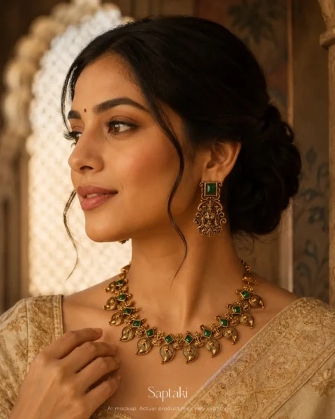 Lakshmi Peacock Temple Necklace Set with Green Stones