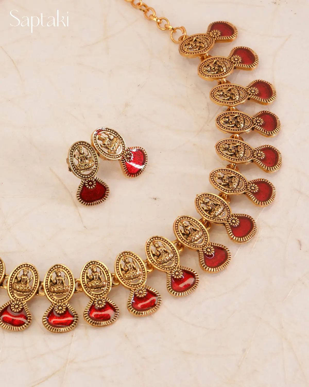 Lakshmi Coin Red Enamel Necklace Set with Earrings - Image 2