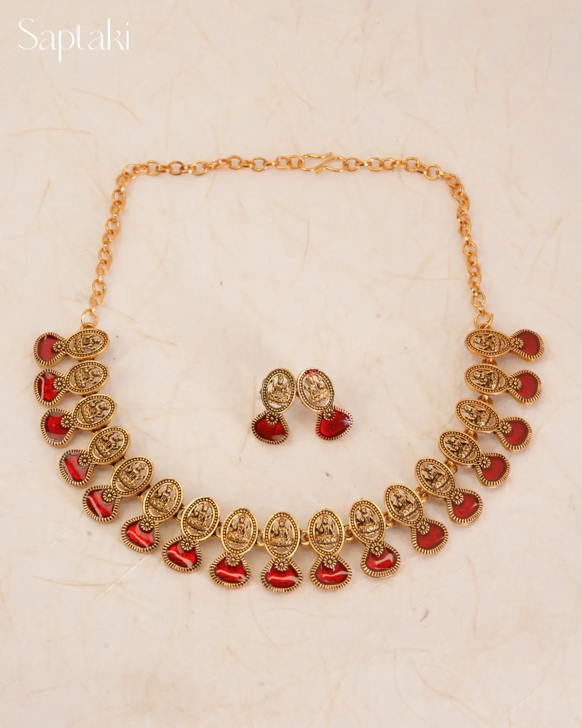 Lakshmi Coin Red Enamel Necklace Set with Earrings - Image 3