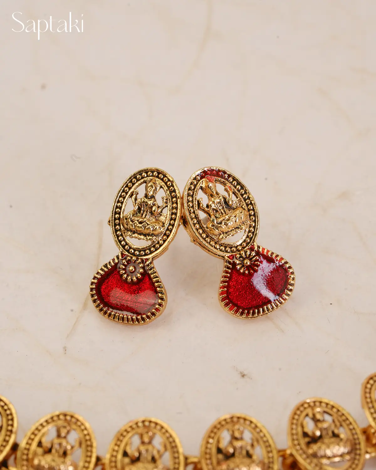 Lakshmi Coin Red Enamel Necklace Set with Earrings - Image 4
