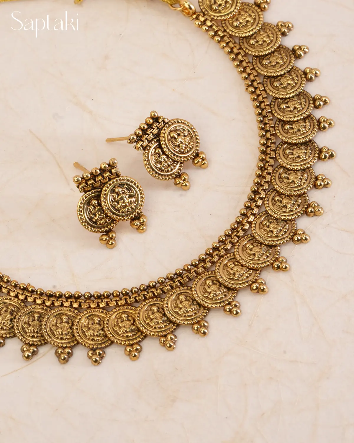 Classic Lakshmi Coin Choker Necklace Set with Earrings - Image 2