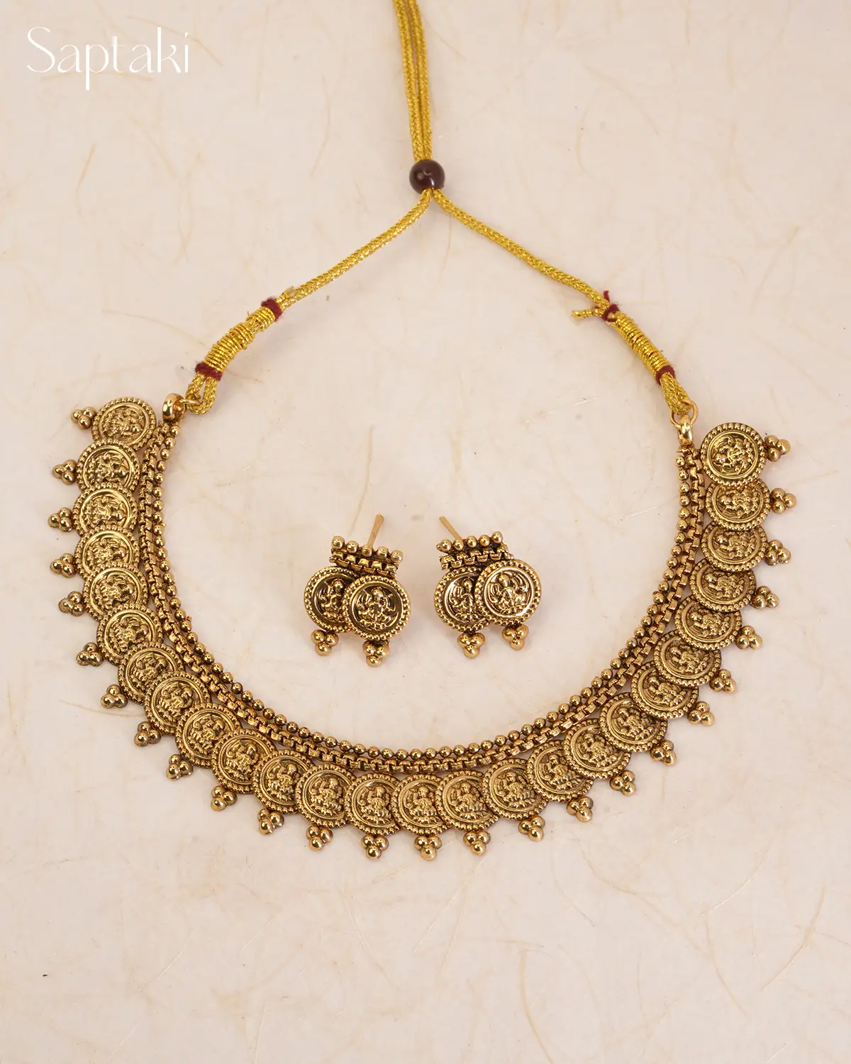Classic Lakshmi Coin Choker Necklace Set with Earrings - Image 3
