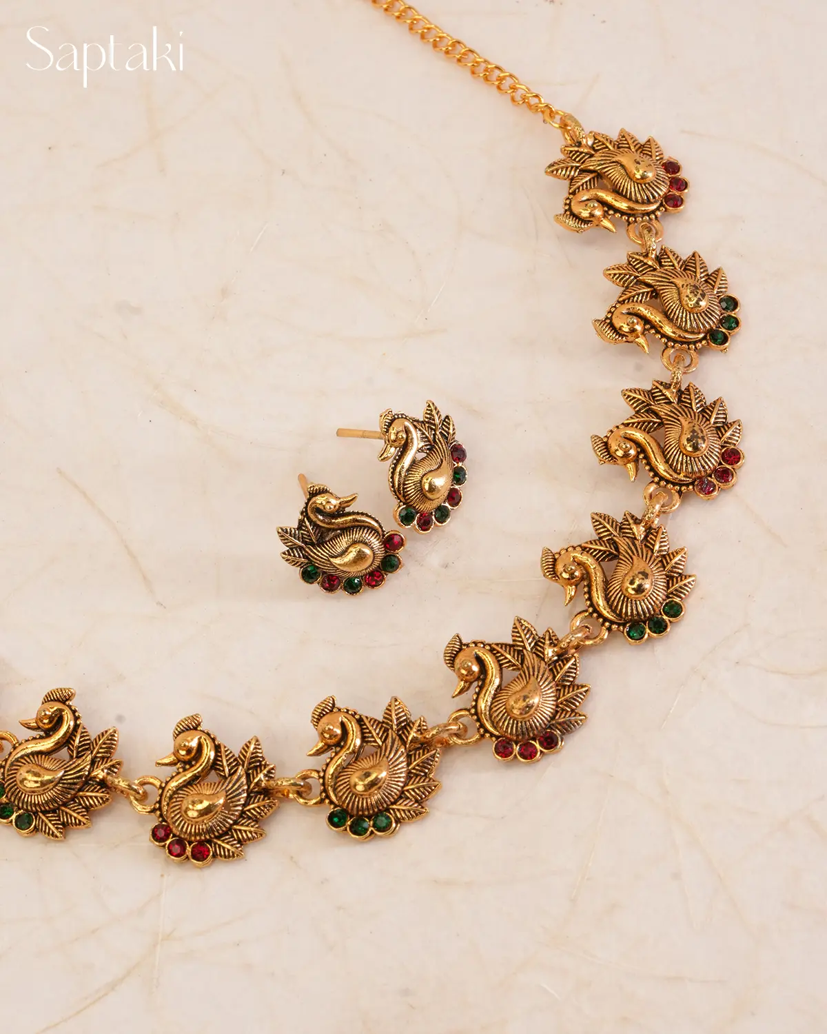Peacock Motif Red & Green Stone Necklace Set with Earrings - Image 2