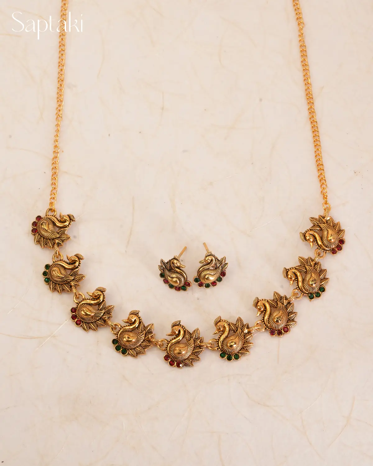 Peacock Motif Red & Green Stone Necklace Set with Earrings - Image 3