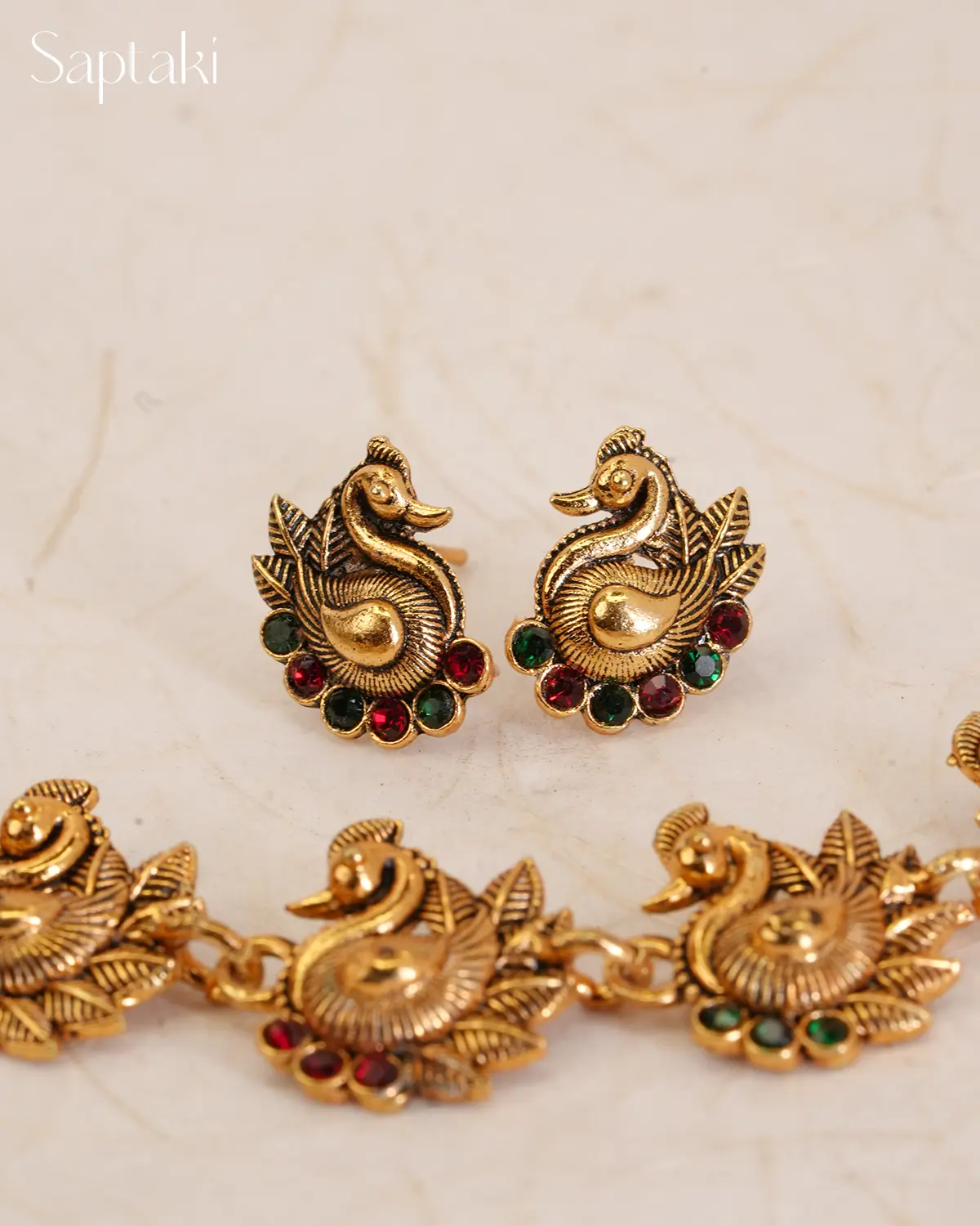 Peacock Motif Red & Green Stone Necklace Set with Earrings - Image 4