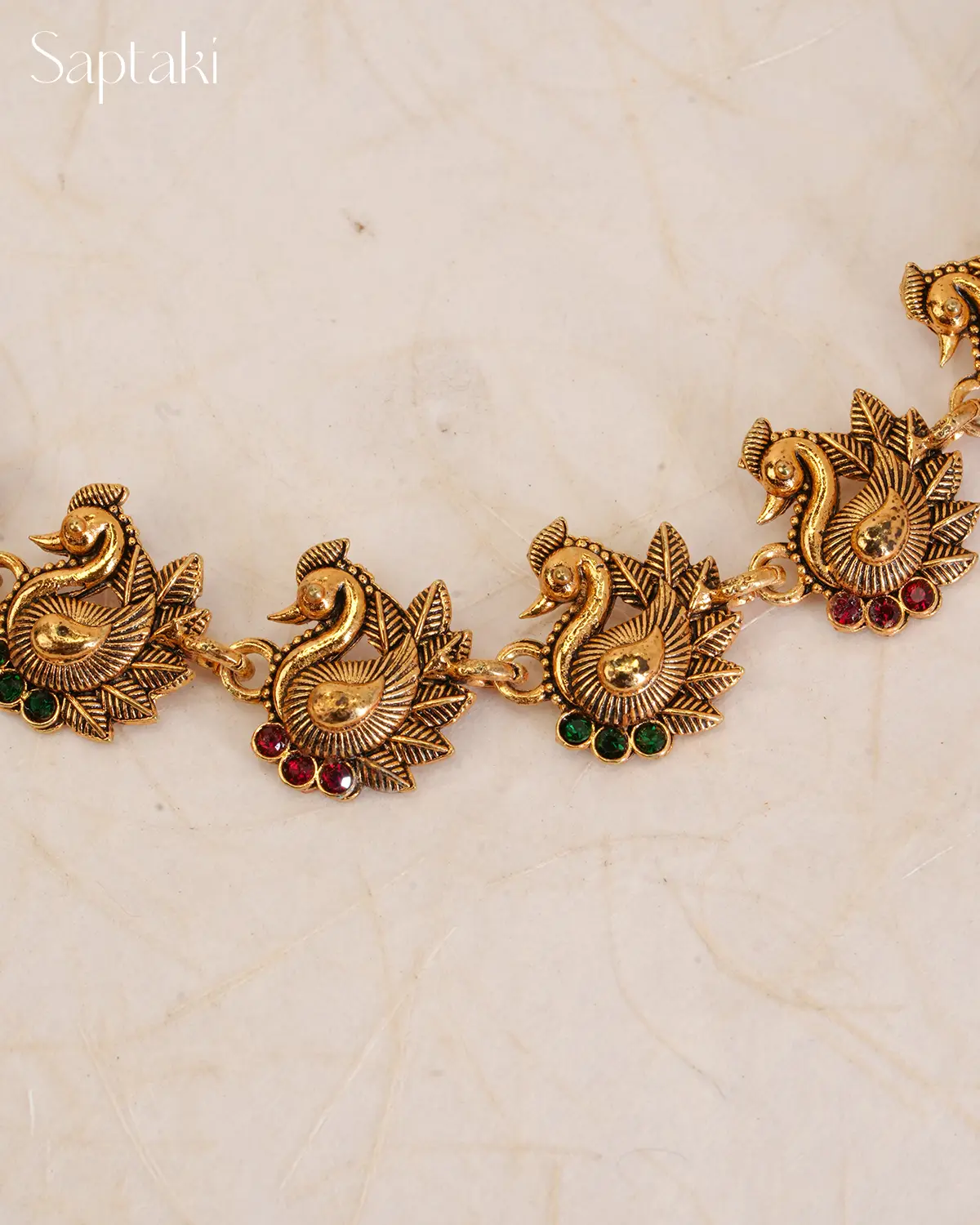Peacock Motif Red & Green Stone Necklace Set with Earrings - Image 5