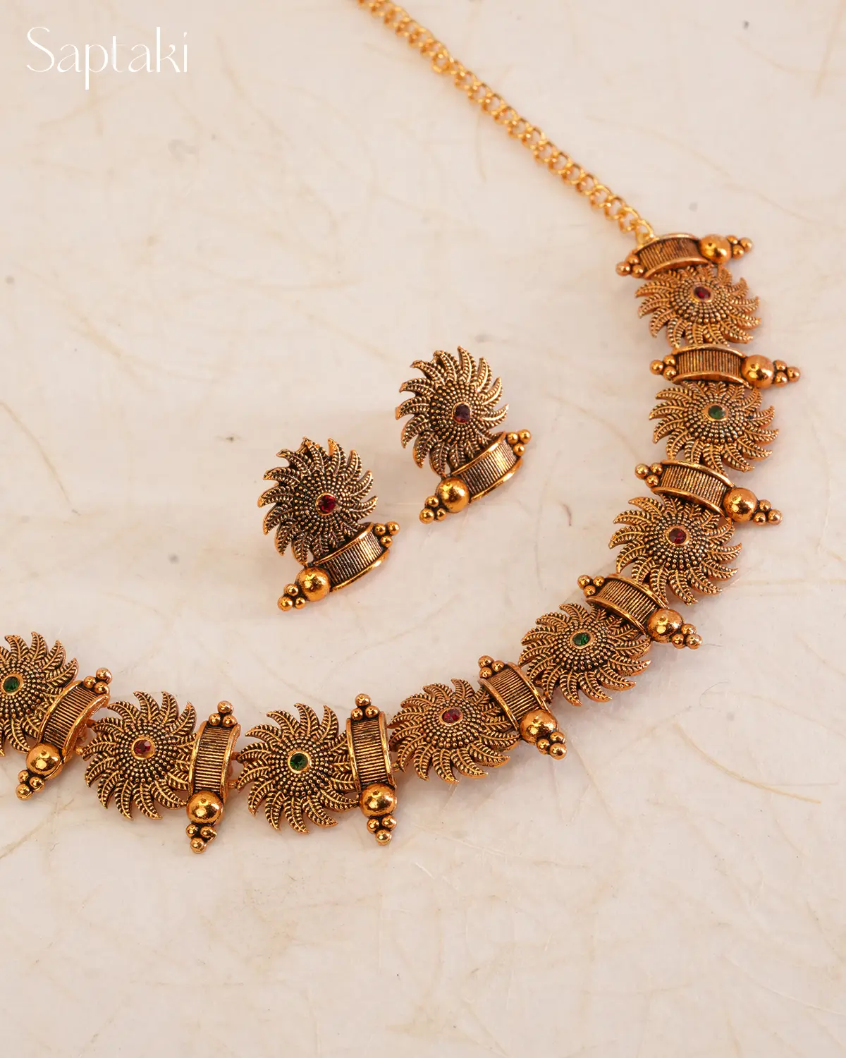 Sunburst Motif Red & Green Stone Necklace Set with Earrings - Image 2
