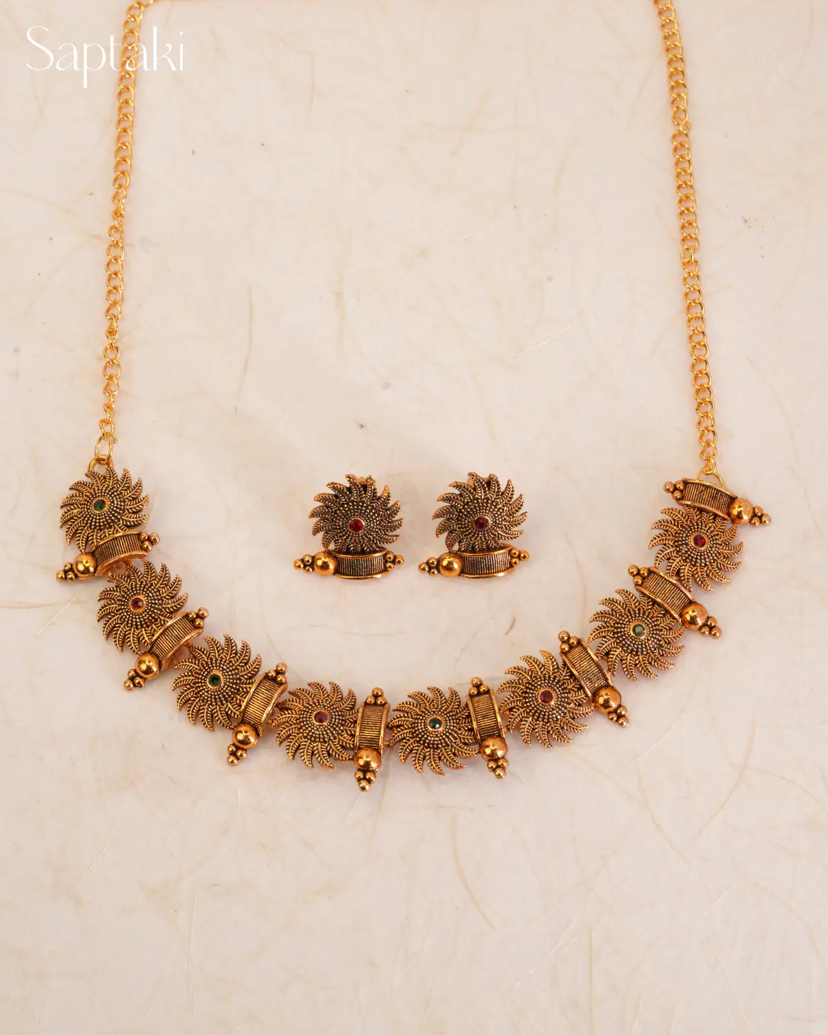 Sunburst Motif Red & Green Stone Necklace Set with Earrings - Image 3