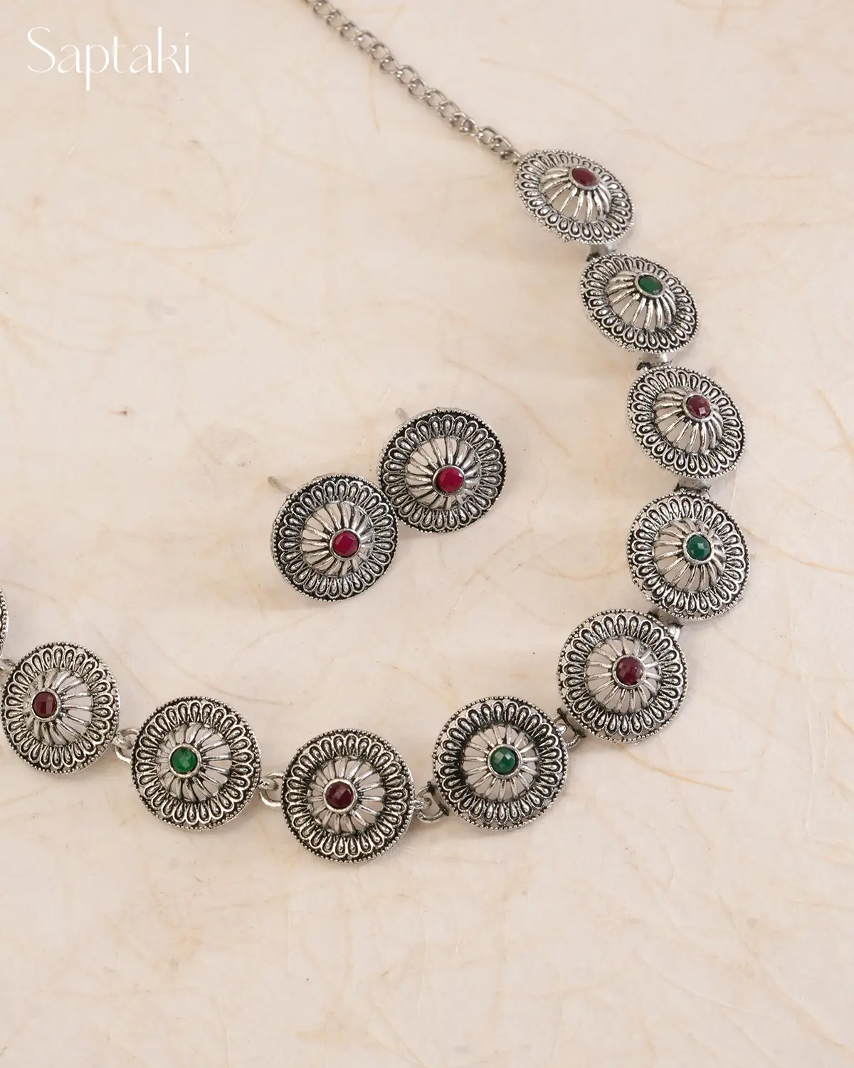 Dual Tone Sunburst Red & Green Stone Necklace Set with Earrings