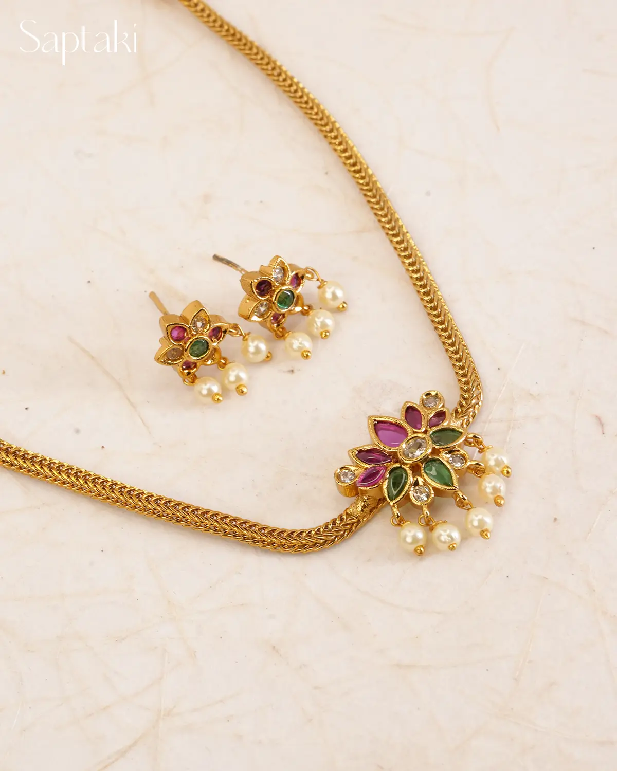 Pink Green Lotus Kundan Pendant Necklace Set