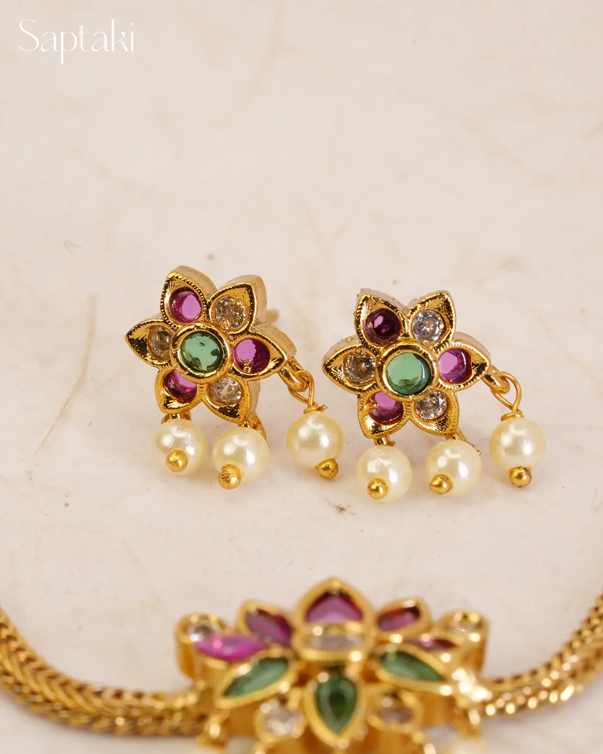Pink Green Lotus Kundan Pendant Necklace Set - Image 3