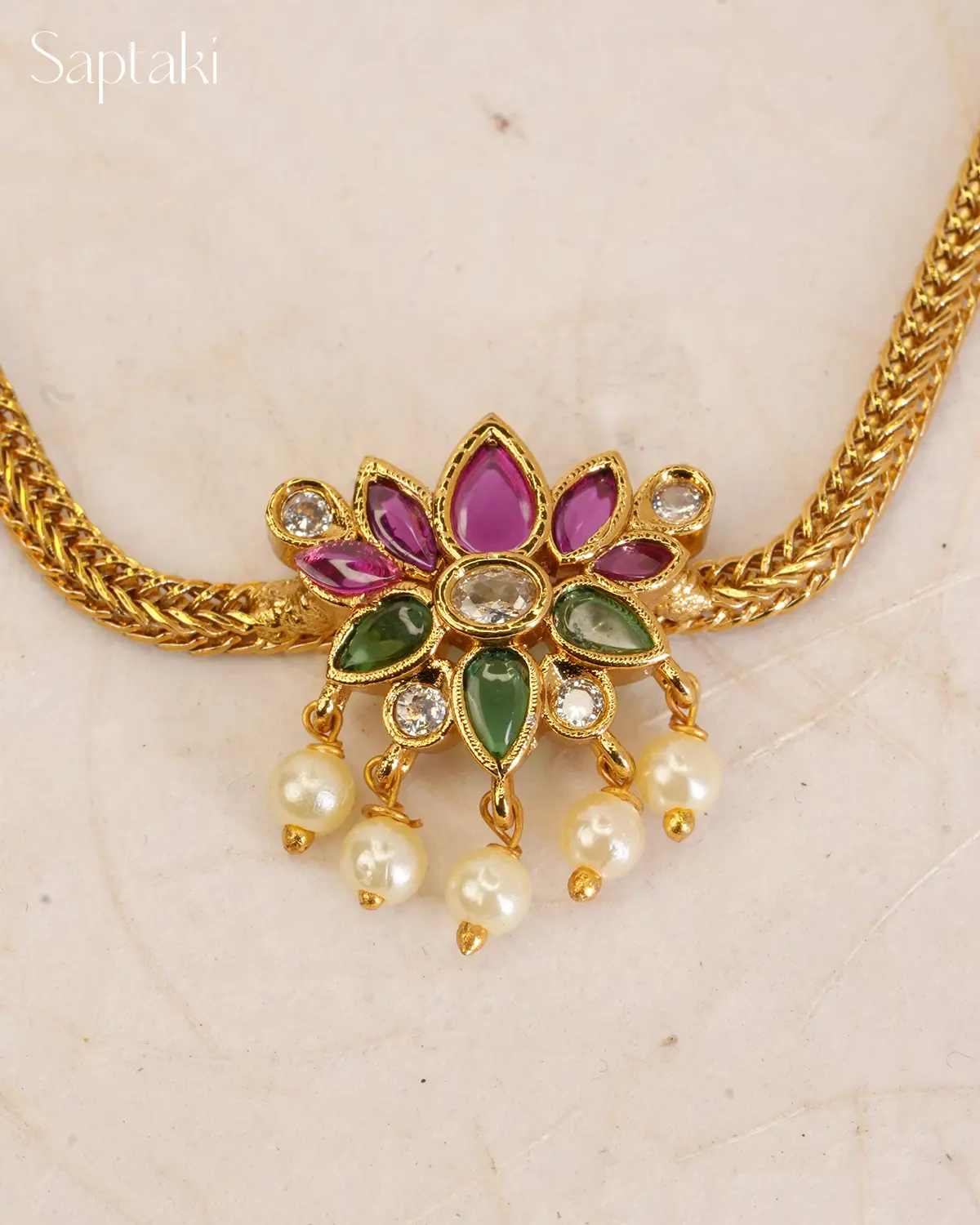 Pink Green Lotus Kundan Pendant Necklace Set - Image 4